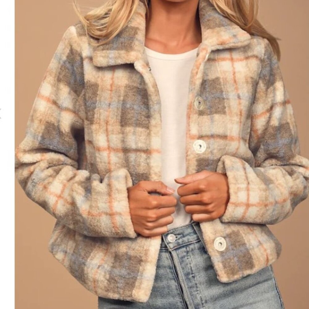 EN SAISON Plaid Faux Shearling Jacket In Multi Size Small